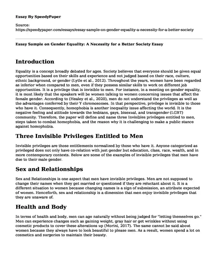 Essay Sample on Gender Equality: A Necessity for a Better Society