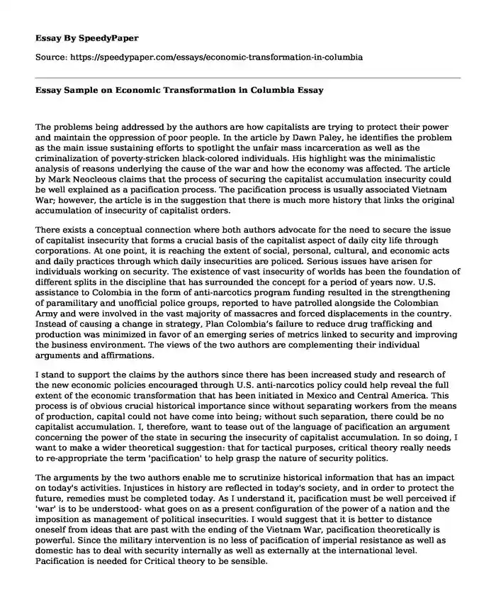 Essay Sample on Economic Transformation in Columbia