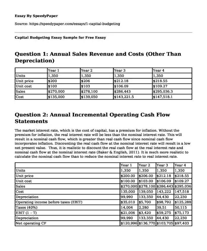 Capital Budgeting Essay Sample for Free