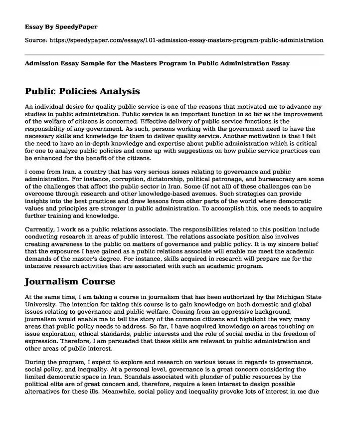 Admission Essay Sample for the Masters Program in Public Administration
