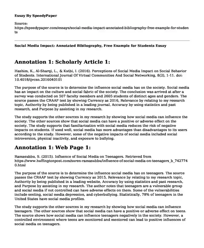 Social Media Impact: Annotated Bibliography, Free Example for Students
