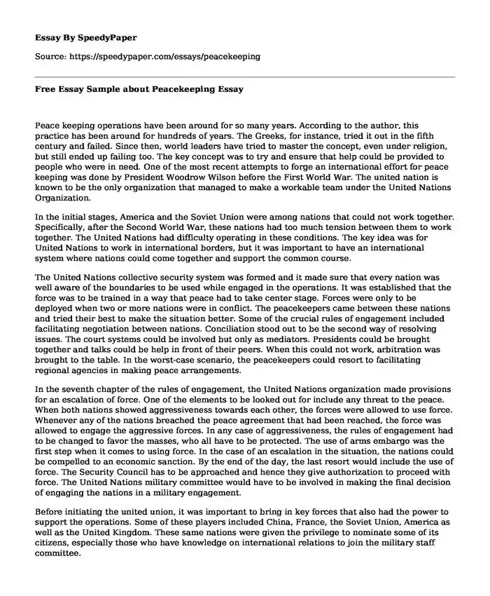 Free Essay Sample about Peacekeeping