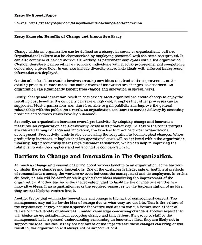Essay Example. Benefits of Change and Innovation