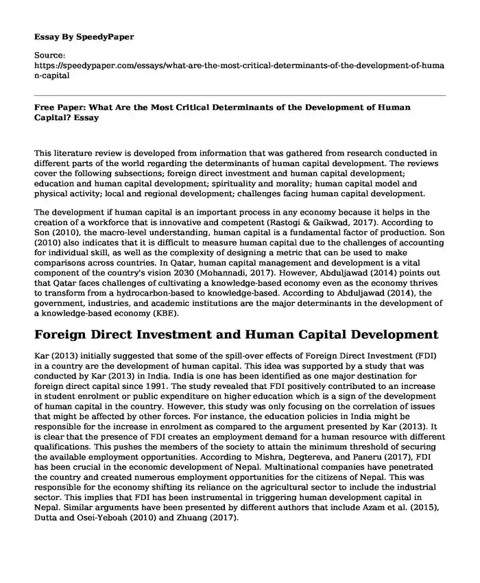 Free Paper: What Are the Most Critical Determinants of the Development of Human Capital?
