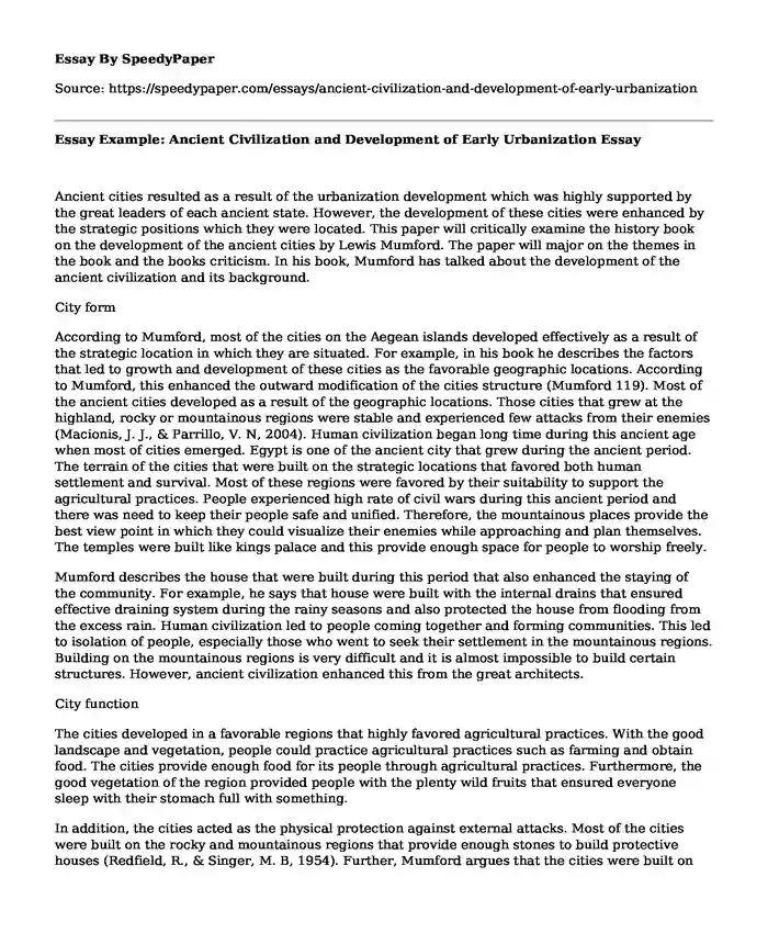 Essay Example: Ancient Civilization and Development of Early Urbanization