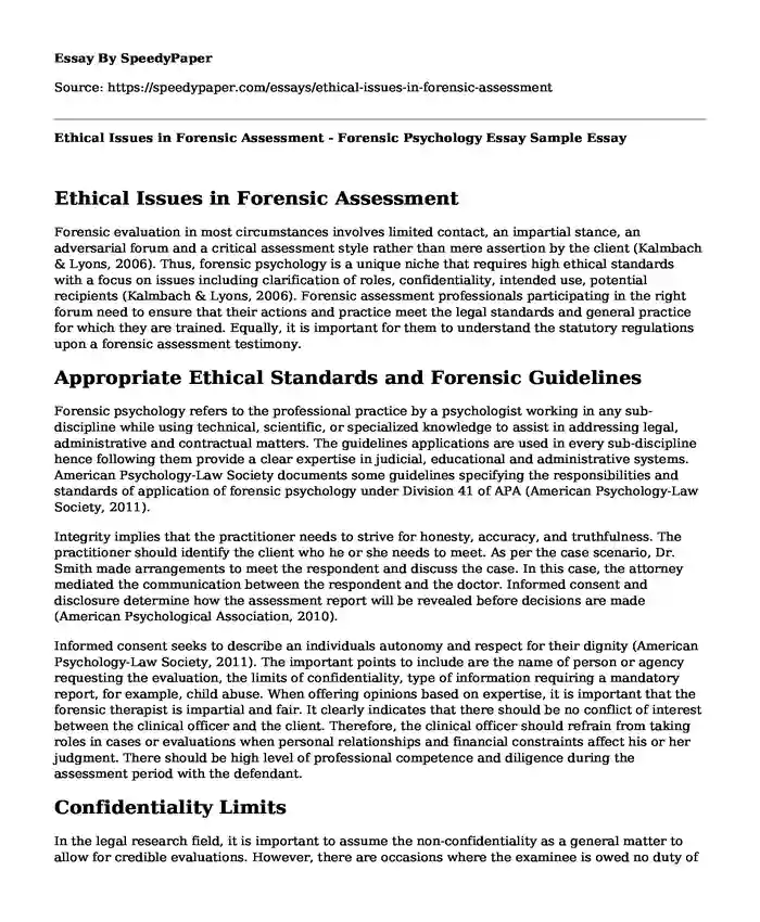 Ethical Issues in Forensic Assessment - Forensic Psychology Essay Sample