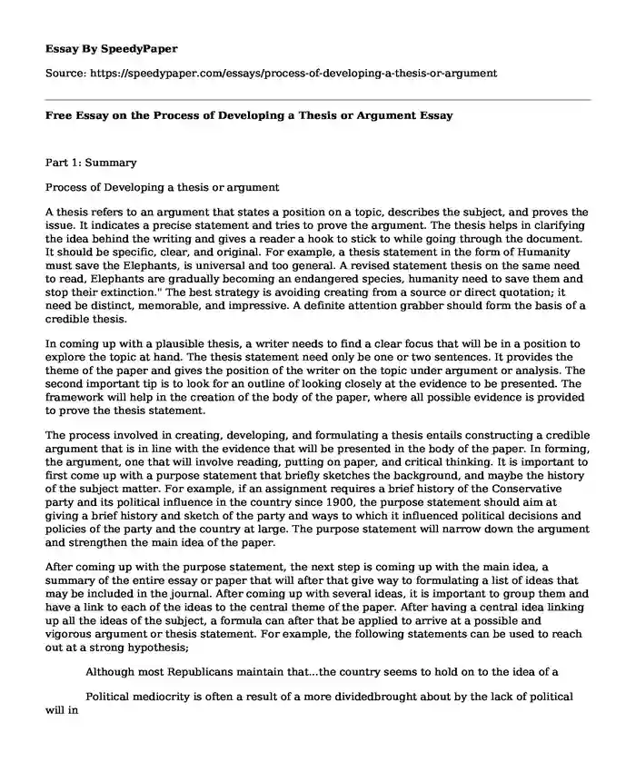 Free Essay on the Process of Developing a Thesis or Argument