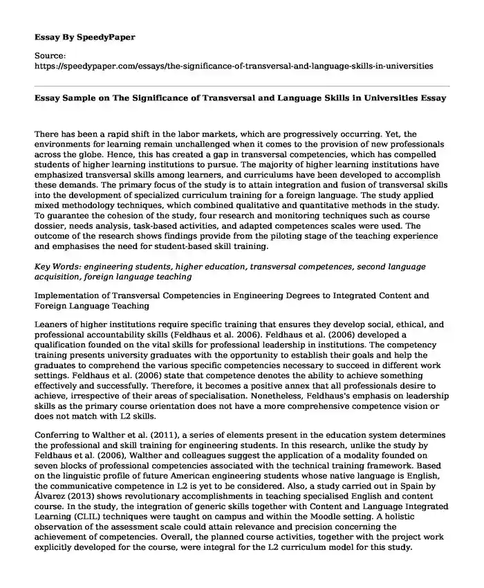 Essay Sample on The Significance of Transversal and Language Skills in Universities