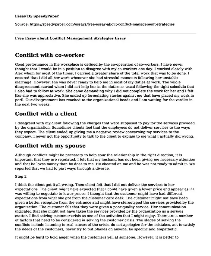 Free Essay about Conflict Management Strategies