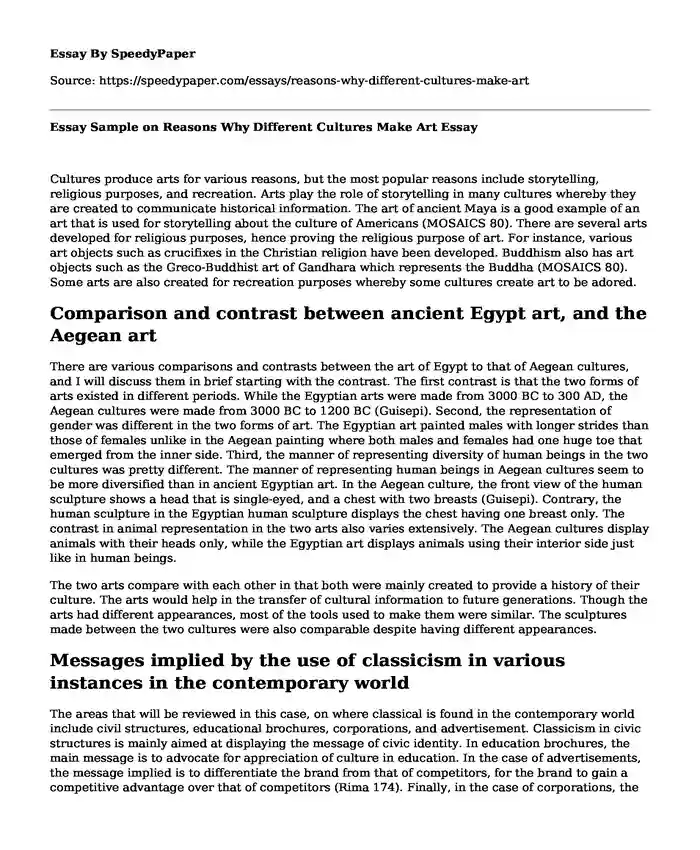 Essay Sample on Reasons Why Different Cultures Make Art