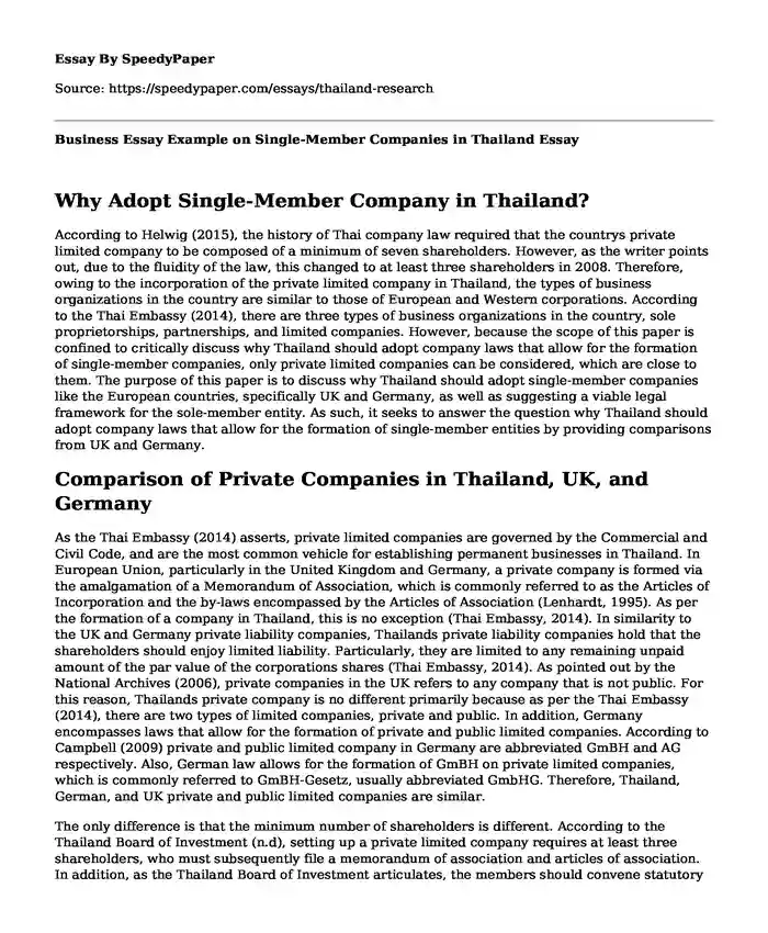 Business Essay Example on Single-Member Companies in Thailand