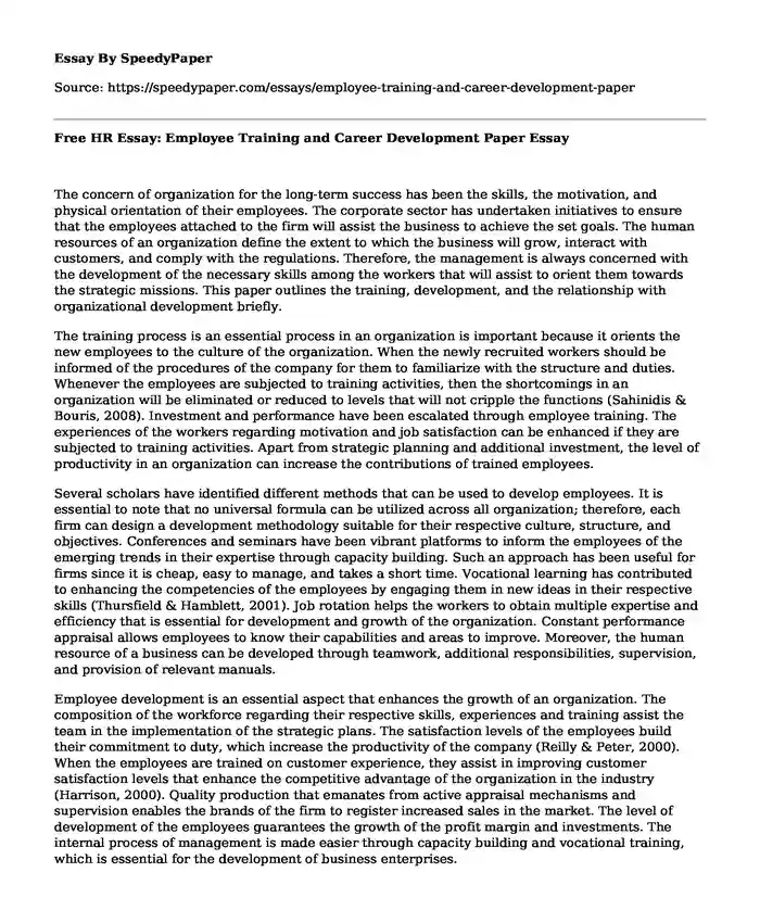 Free HR Essay: Employee Training and Career Development Paper