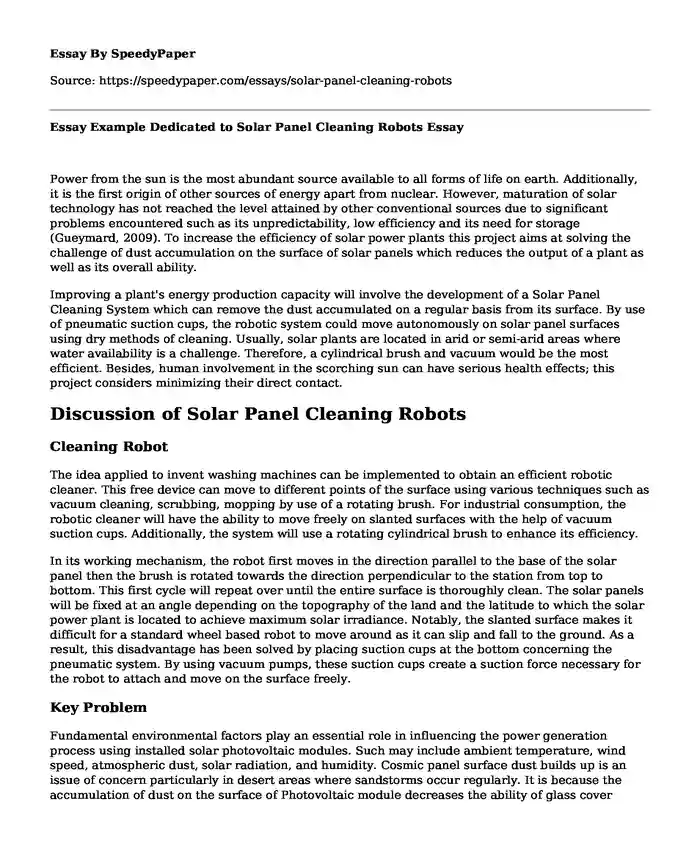 Essay Example Dedicated to Solar Panel Cleaning Robots