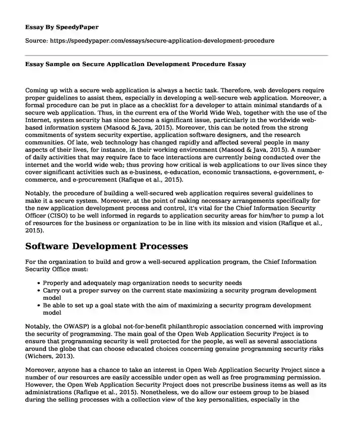 Essay Sample on Secure Application Development Procedure