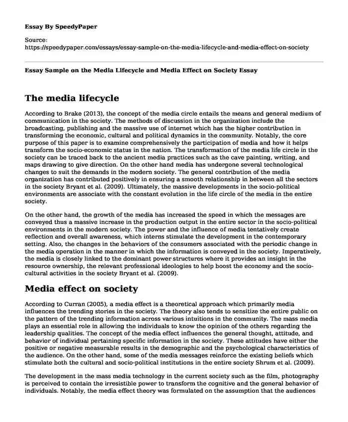 Essay Sample on the Media Lifecycle and Media Effect on Society