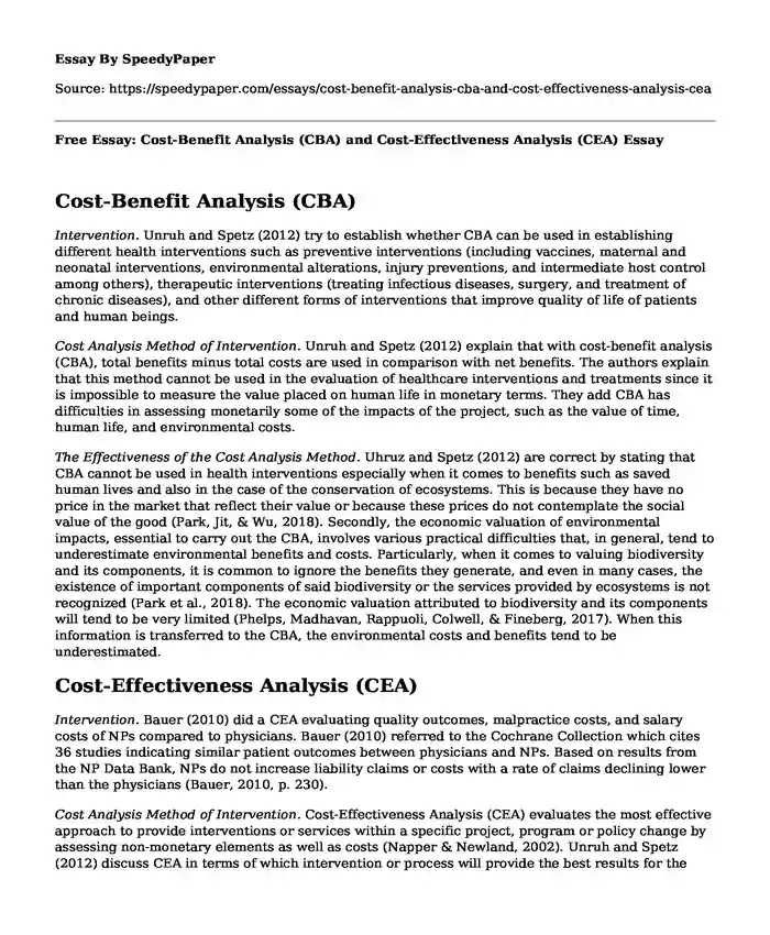 Free Essay: Cost-Benefit Analysis (CBA) and Cost-Effectiveness Analysis (CEA)