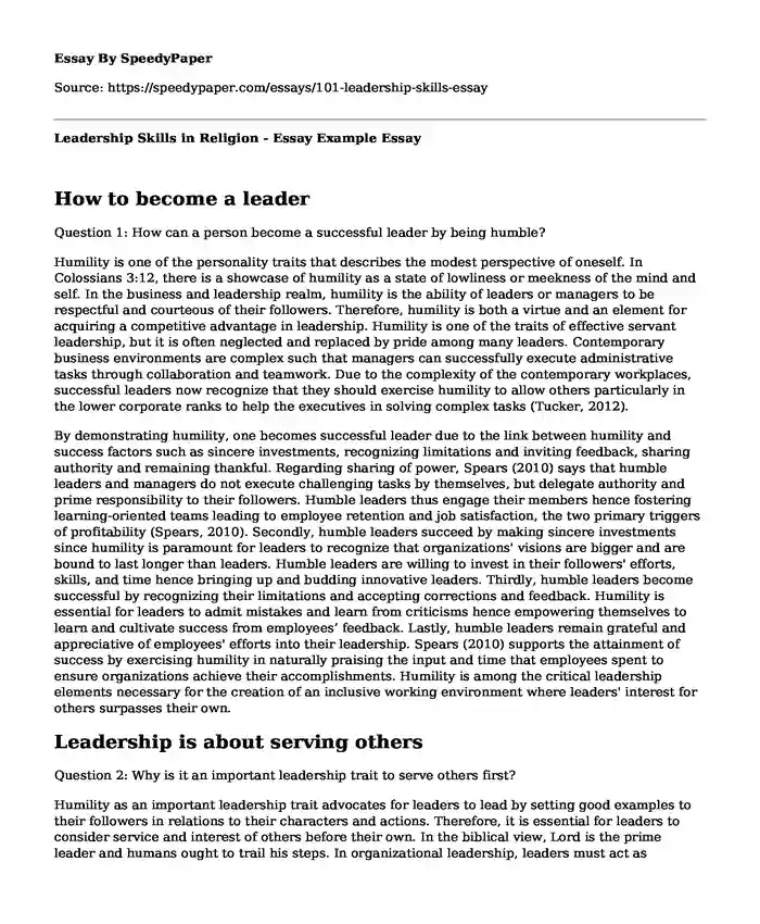 Leadership Skills in Religion - Essay Example