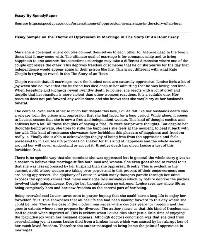 Essay Sample on the Theme of Oppression in Marriage in The Story Of An Hour