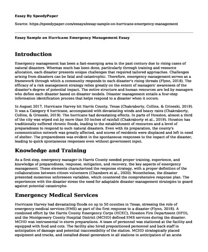 Essay Sample on Hurricane Emergency Management