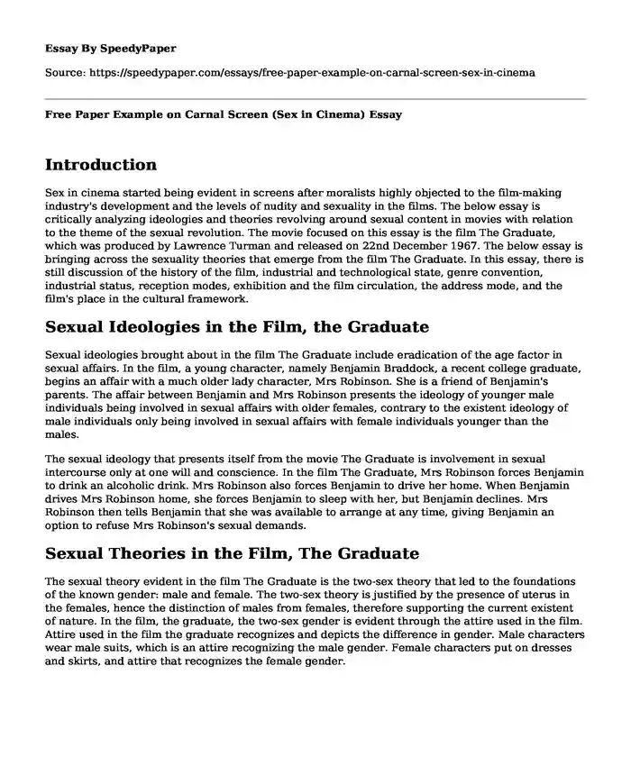 Free Paper Example on Carnal Screen (Sex in Cinema)