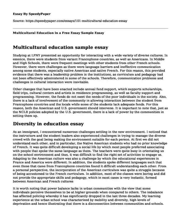 Multicultural Education in a Free Essay Sample