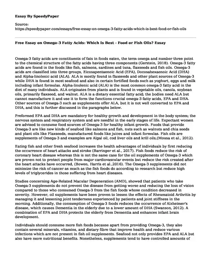 Free Essay on Omega-3 Fatty Acids: Which Is Best - Food or Fish Oils?