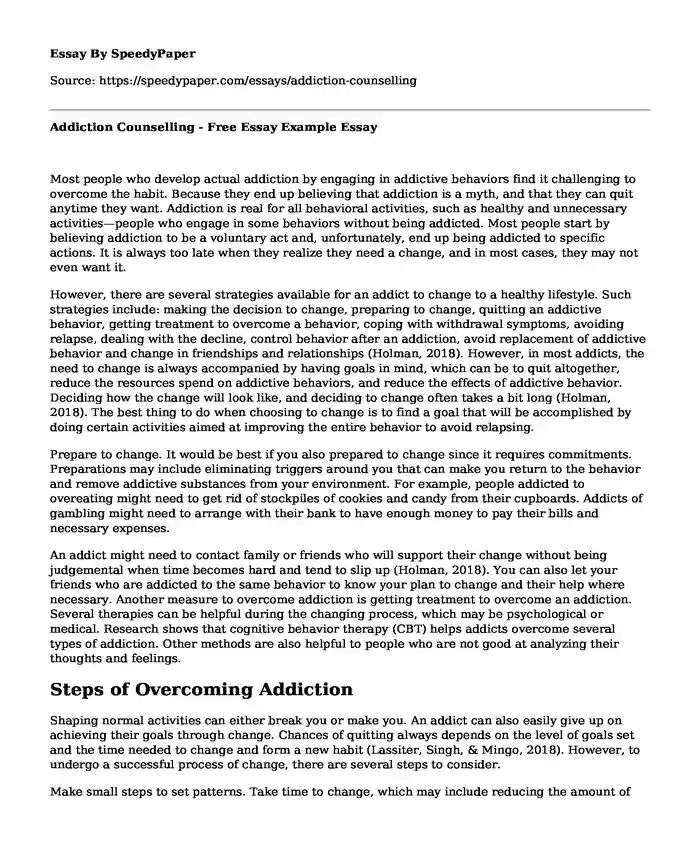 Addiction Counselling - Free Essay Example