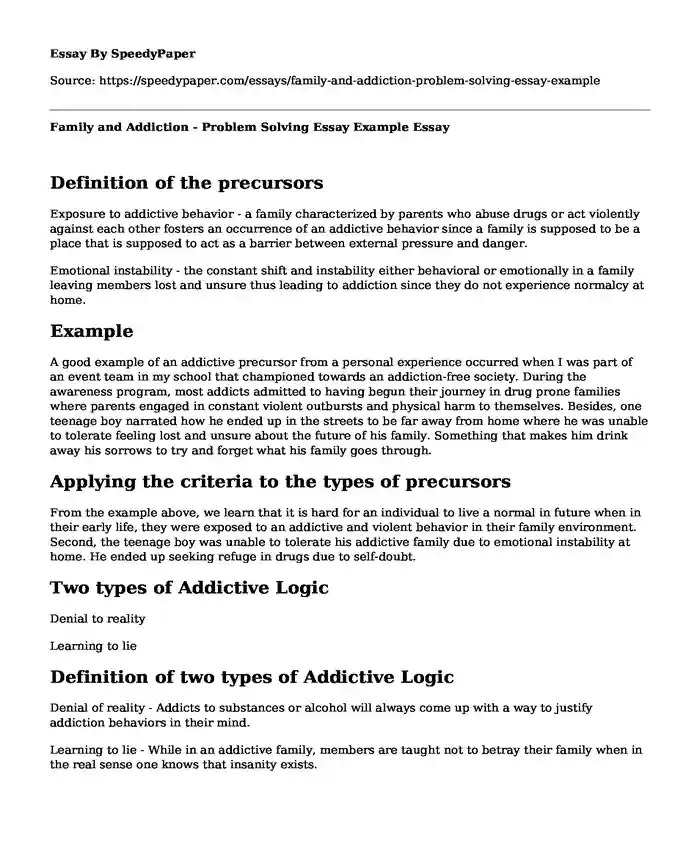 Family and Addiction - Problem Solving Essay Example