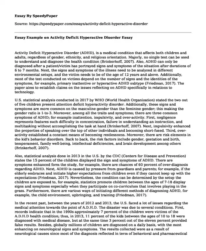 Essay Example on Activity Deficit Hyperactive Disorder