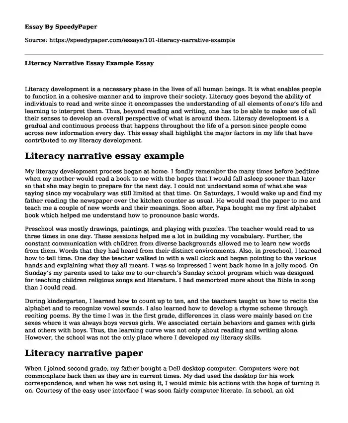 Literacy Narrative Essay Example