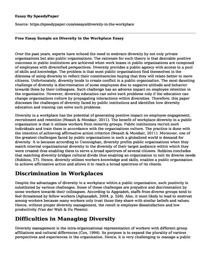 Free Essay Sample on Diversity in the Workplace