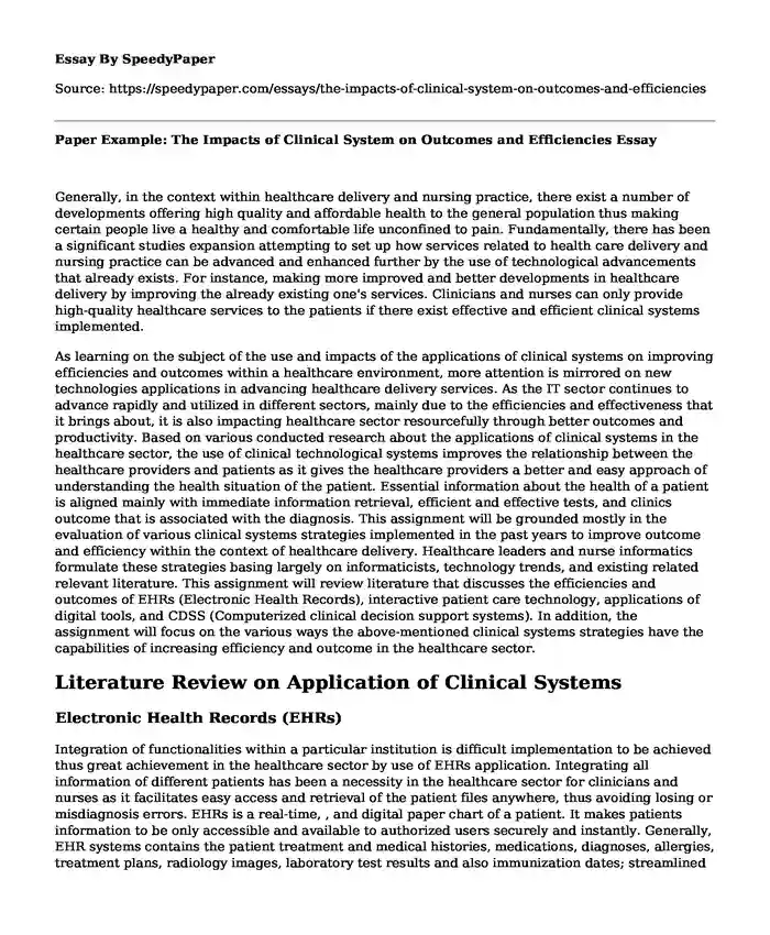 Paper Example: The Impacts of Clinical System on Outcomes and Efficiencies