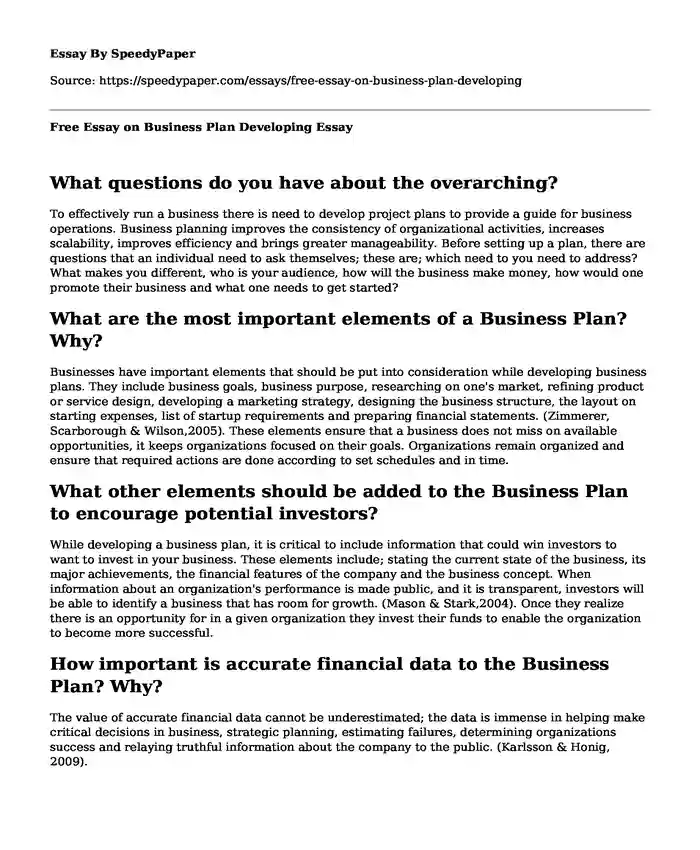 Free Essay on Business Plan Developing