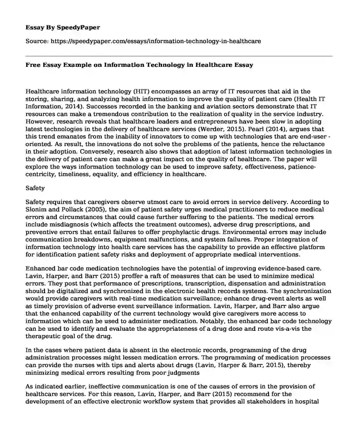 Free Essay Example on Information Technology in Healthcare
