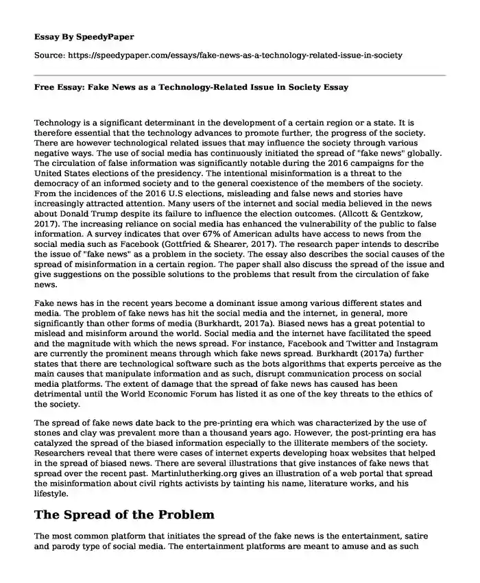 Free Essay: Fake News as a Technology-Related Issue in Society