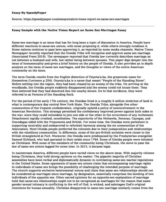 Essay Sample with the Native Times Report on Same Sex Marriages
