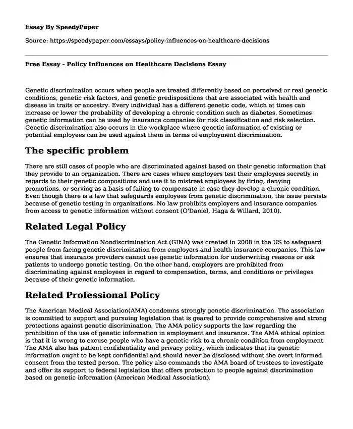 Free Essay - Policy Influences on Healthcare Decisions