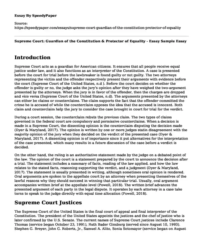 Supreme Court: Guardian of the Constitution & Protector of Equality - Essay Sample