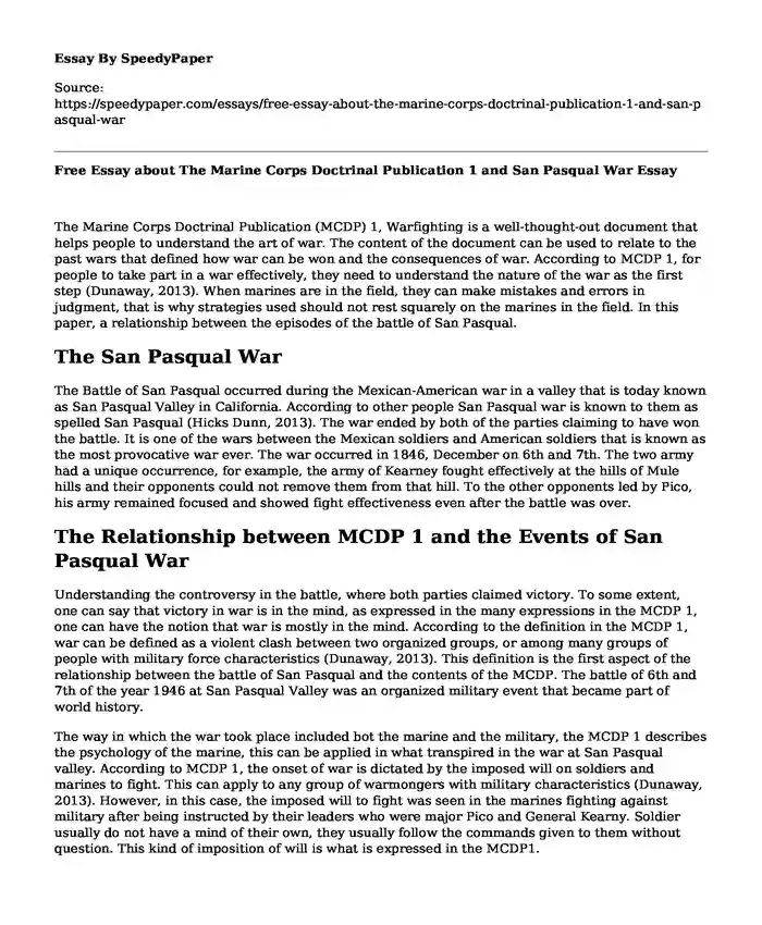 Free Essay about The Marine Corps Doctrinal Publication 1 and San Pasqual War