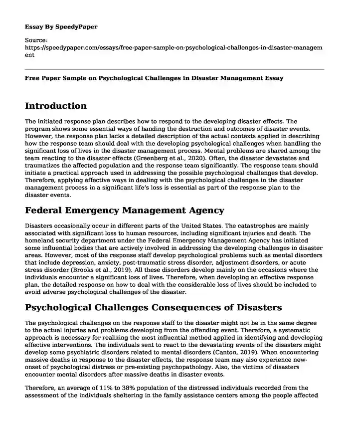 Free Paper Sample on Psychological Challenges in Disaster Management