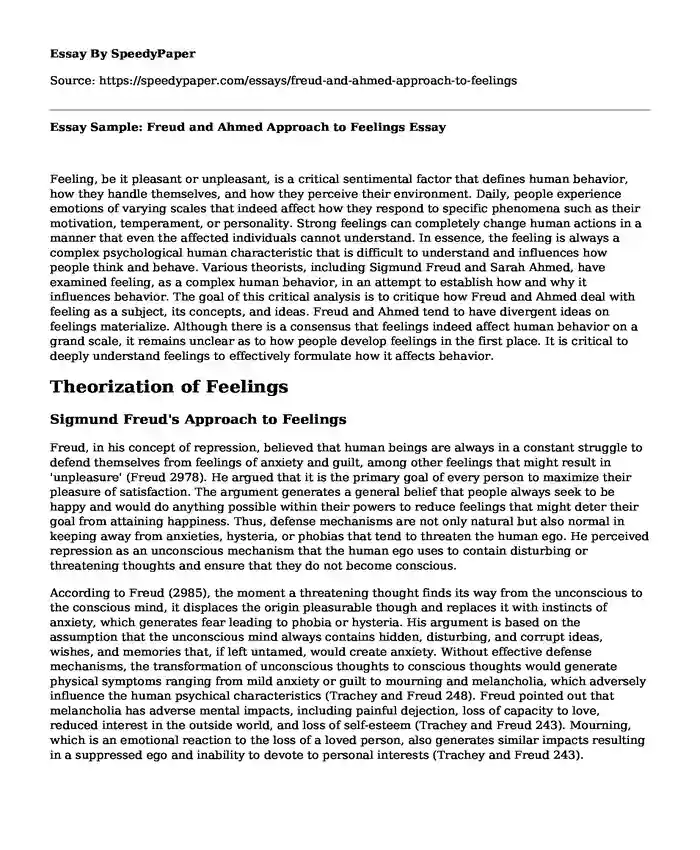 Essay Sample: Freud and Ahmed Approach to Feelings
