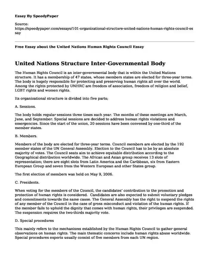 Free Essay about the United Nations Human Rights Council