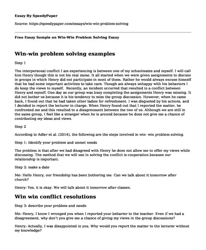 Free Essay Sample on Win-Win Problem Solving