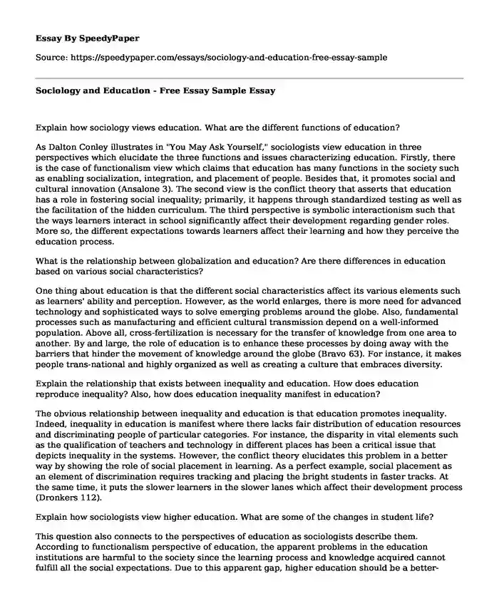 Sociology and Education - Free Essay Sample