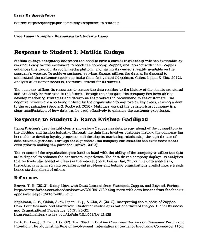Free Essay Example - Responses to Students