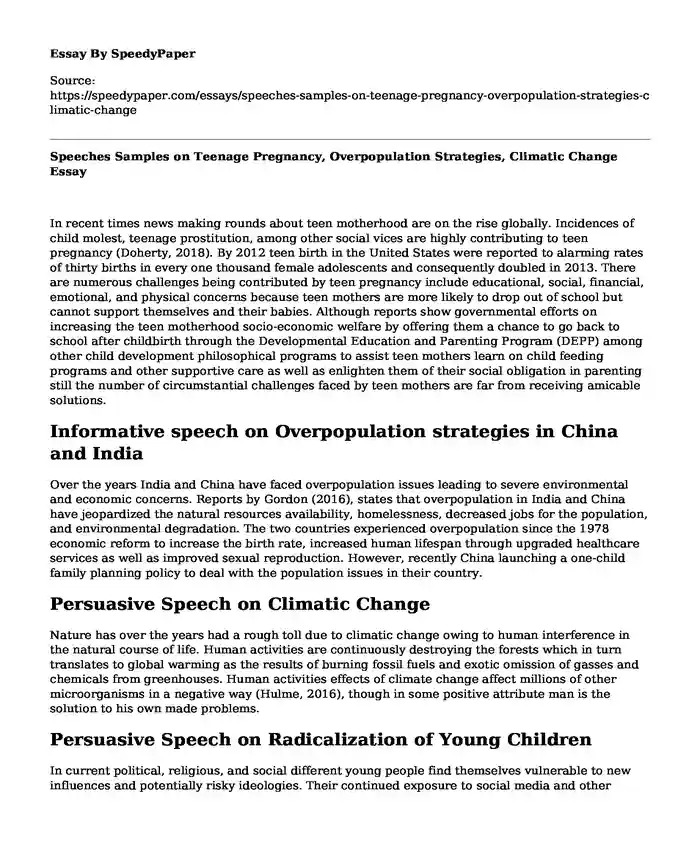 Speeches Samples on Teenage Pregnancy, Overpopulation Strategies, Climatic Change