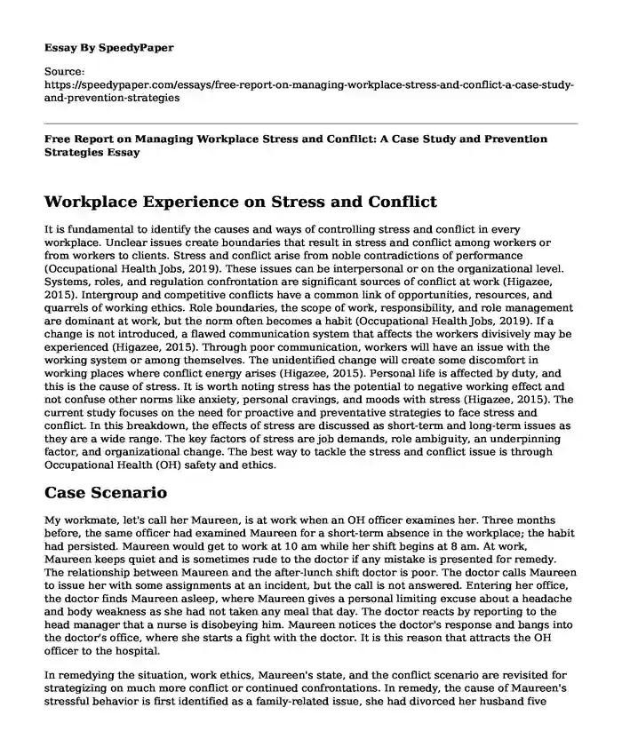 Free Report on Managing Workplace Stress and Conflict: A Case Study and Prevention Strategies