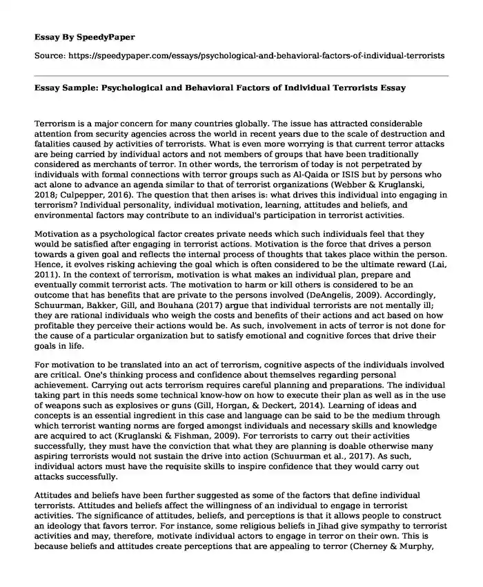 Essay Sample: Psychological and Behavioral Factors of Individual Terrorists