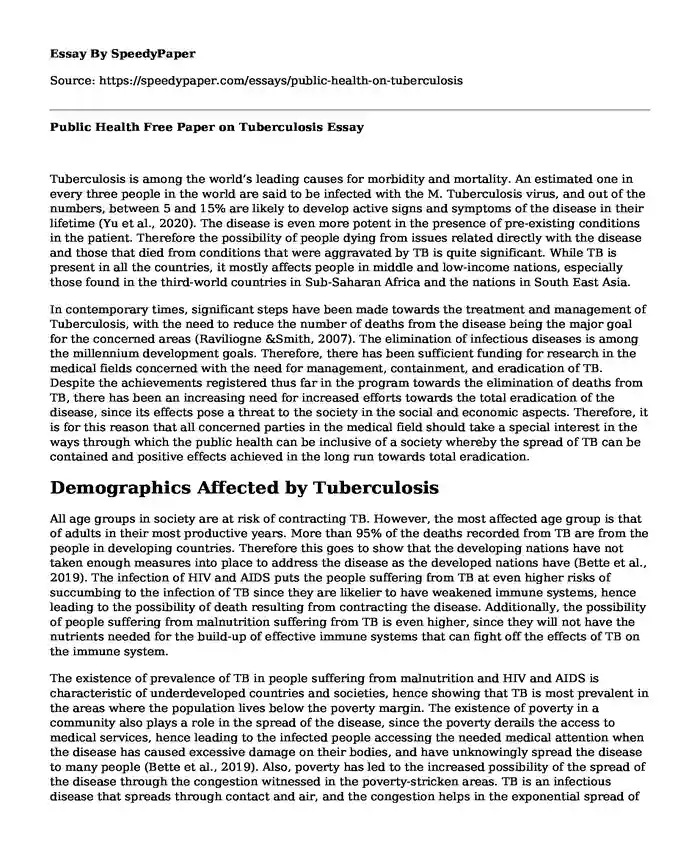 Public Health Free Paper on Tuberculosis