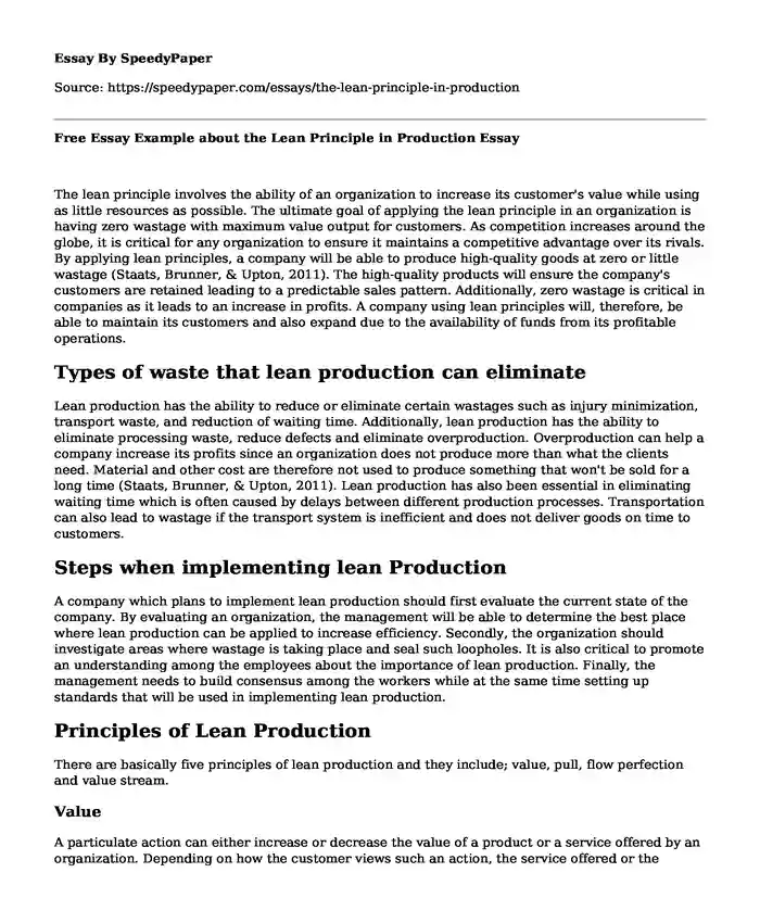 Free Essay Example about the Lean Principle in Production